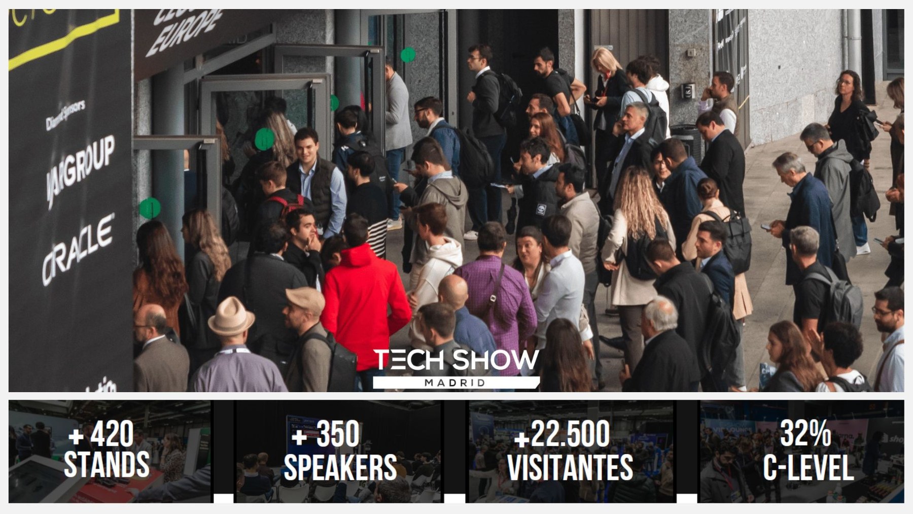 Madrid Tech Show com métricas de visitantes, stands e C-Level